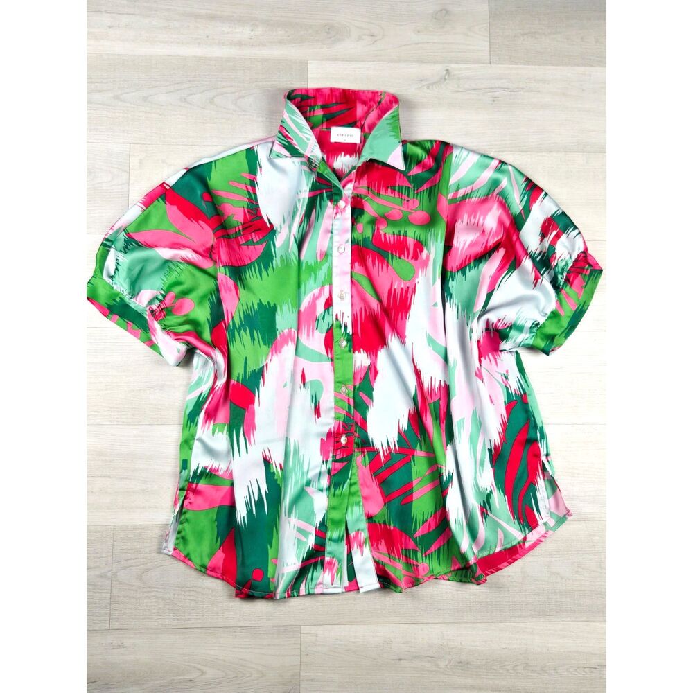 Adrienne Arizona Tropical Satin Button Up Shirt Womens Medium Pink Green Silky